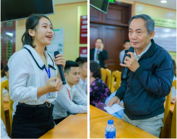 Phụ huynh học sinh đến từ huyện Sơn Động, Bắc Giang và sinh viên K.61 Khoa Thú y, đại diện cho phụ huynh và sinh viên đặt câu hỏi cho khách mời.