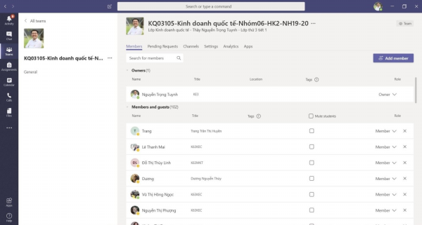 Giao diện phần mềm dạy học trực tuyến Microsoft Teams