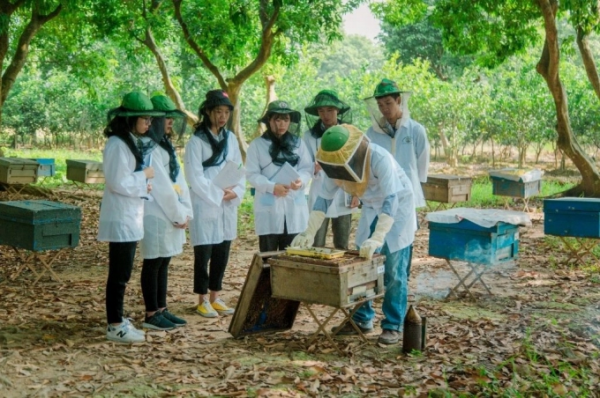 Sinh viên thực hành tại Trung tâm nghiên cứu ong và Nuôi ong nhiệt đới. Ảnh: HVNN