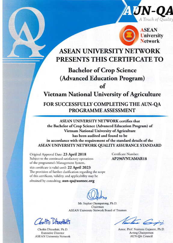 Chương trình Khoa học cây trồng tiên tiến đạt chuẩn chất lượng khu vực Đông Nam Á (AUN-QA)