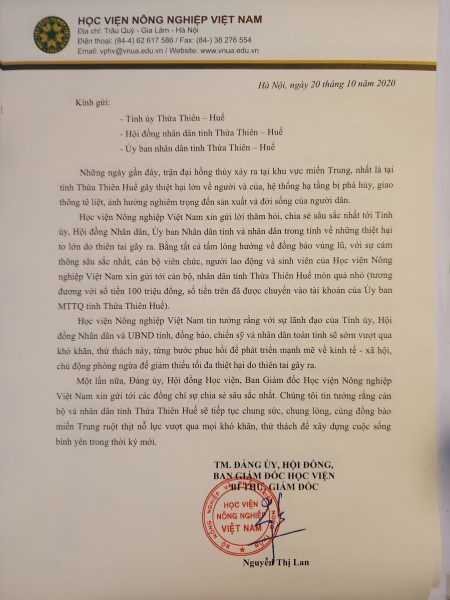 GS. TS Nguyễn Thị Lan viết thư thăm hỏi, chia sẻ đến  tỉnh Thừa Thiên – Huế