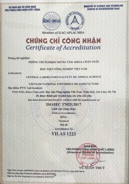 Chứng chỉ công nhận Phòng thí nghiệm khoa Chăn nuôi đạt ISO/IEC 17025:2017.