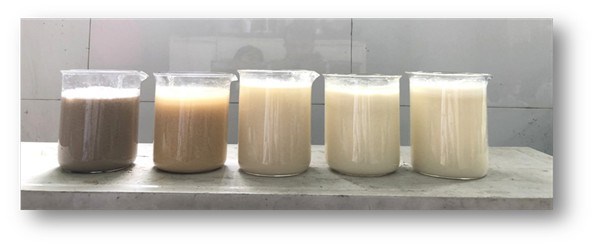 Hình 1. Dịch chuối nghiền sau khi xử lý nguyên liệu chuối xanh ở các nồng độ citric acid khác nhau trong quá trình nghiên cứu sản xuất tinh bột chuối xanh
