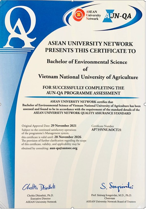 Chứng nhận AUN-QA đối với chương trình đào tạo Khoa học Môi trường, khoa Tài nguyên và Môi trường