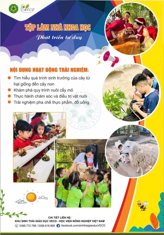 Tham gia hoạt động tập làm nhà khoa học, học sinh sẽ được tìm hiểu quá trình sinh trưởng của cây từ hạt giống đến cây non, khám phá quy trình nuôi cấy mô, thực hành chăm sóc, chẩn đoán và điều trị cho vật nuôi dưới sự hướng dẫn của chuyên gia, trải nghiệm thực phẩm, đồ uống với sự kết hợp giữa khoa học và nghệ thuật