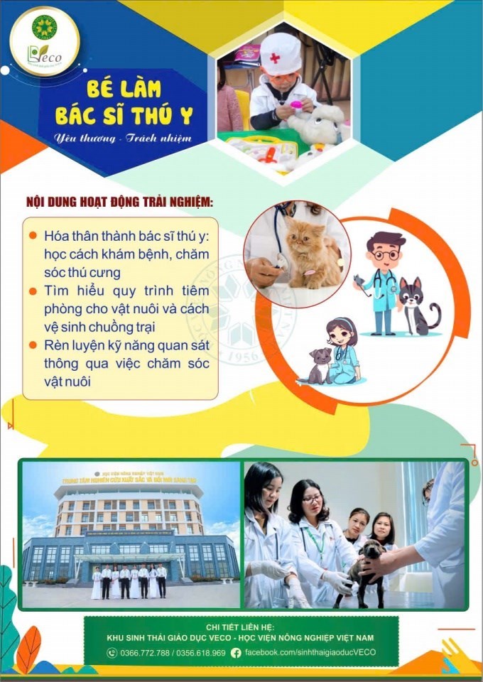 Chương trình trải nghiệm tại Học viện Nông nghiệp Việt Nam sẽ mang đến cho các em nhỏ cơ hội hóa thân thành những bác sĩ thú y dễ thương, được hướng dẫn cách khám bệnh, chăm sóc thú cưng và tìm hiểu quy trình tiêm phòng cho vật nuôi. Ngoài ra, các em được thực hành vệ sinh chuồng trại, học cách giữ gìn môi trường sống sạch sẽ, an toàn cho các loài động vật
