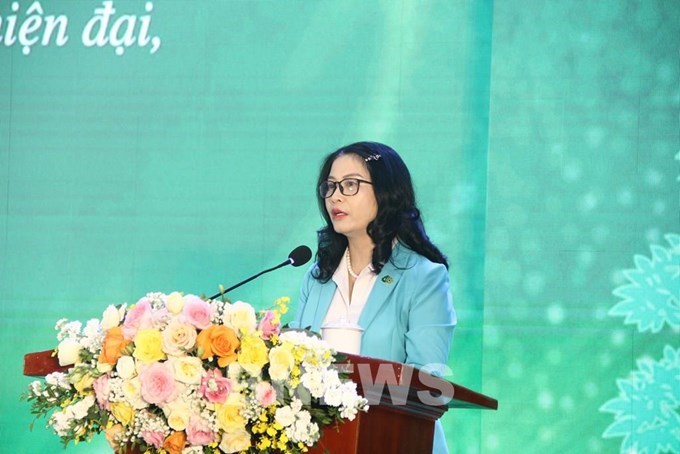 Bà Nguyễn Thị Lan, Giám đốc Học viện Nông nghiệp Việt Nam phát biểu tại buổi lễ. Ảnh: Bích Hồng/BNEWS/TTXVN