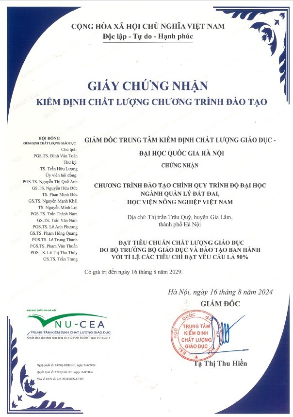 Chương trình đào tạo ĐH ngành Quản lý đất đai- HVNNVN đạt kiểm định chất lượng của Bộ Giáo dục và Đào tạo