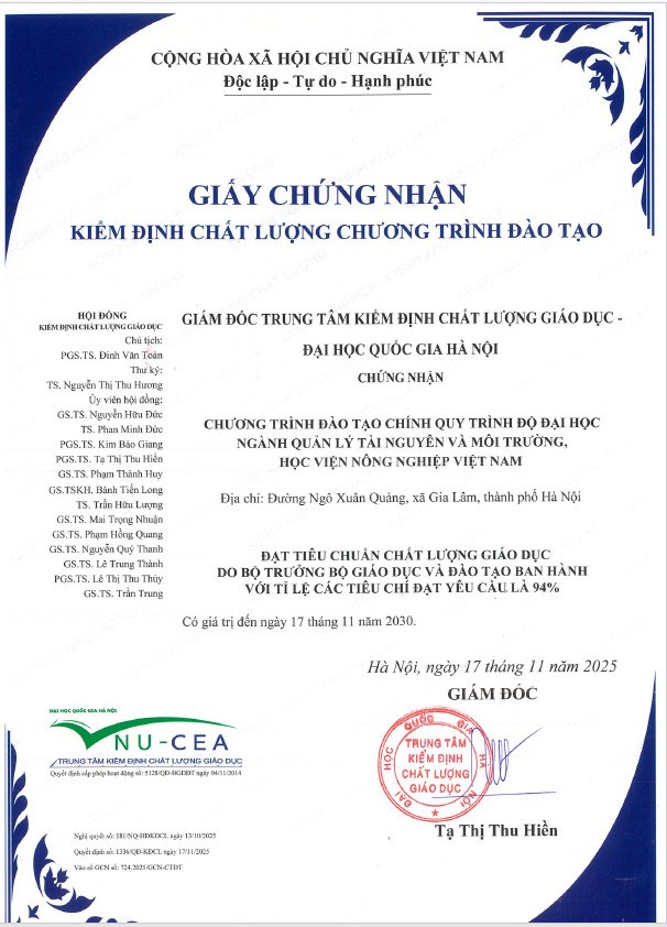 Chương trình đào tạo ĐH ngành Quản lý Tài nguyên và Môi trường- HVNNVN đạt kiểm định chất lượng của Bộ Giáo dục và Đào tạo