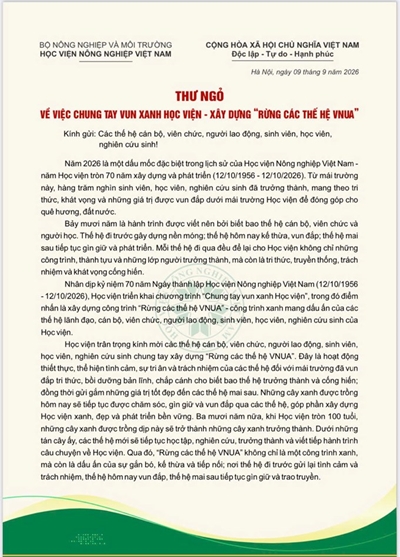 Thư ngỏ về việc chung tay vun xanh Học viện - Xây dựng “Rừng các thế hệ VNUA”