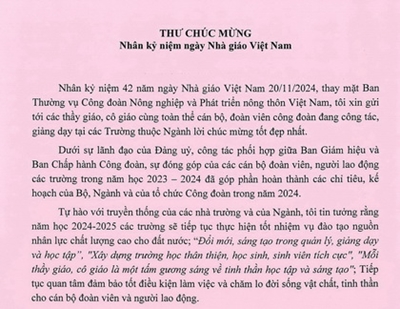 Thư chúc mừng Nhân kỷ niệm 42 năm Ngày Nhà giáo Việt Nam 20 11 1982 - 20 11 2024