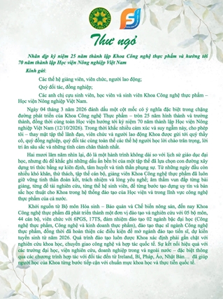 Thư ngỏ nhân dịp kỷ niệm 25 năm thành lập Khoa Công nghệ thực phẩm và hướng tới 70 năm thành lập Học viện Nông nghiệp Việt Nam