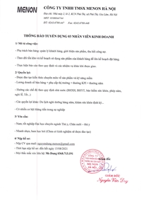 Công ty TNHH TMSX Menon Hà Nội thông báo tuyển dụng