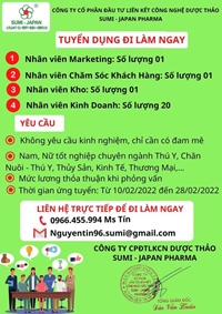 Công ty Cổ phần Đầu Tư Liên Kết Công Nghệ Dược Thảo Sumi - Japan Pharma thông báo tuyển dụng