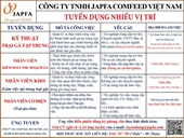 CÔNG TY TNHH JAPFA COMFEED VIỆT NAM TUYỂN DỤNG NHIỀU VỊ TRÍ