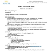 Công ty cổ phần Mavin Austfeed thông báo tuyển dụng 1 Nhân viên Sales Service
