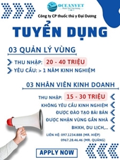 Công ty CP thuốc thú y Đại Dương tuyển dụng 3 QUẢN LÝ VÙNG VÀ 03 NHÂN VIÊN KINH DOANH