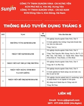 Công ty TNHH Sụnin Vina - CN Hưng Yên thông báo tuyển dụng