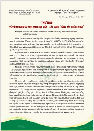 Thư ngỏ về việc chung tay vun xanh Học viện - Xây dựng “Rừng các thế hệ VNUA”