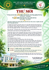 Thư mời về tham dự Kỷ niệm 70 năm thành lập Học viện Nông nghiệp Việt Nam 12 10 1956-12 10 2026  18 năm thành lập khoa Công nghệ sinh học 22 10 2008-22 10 2026