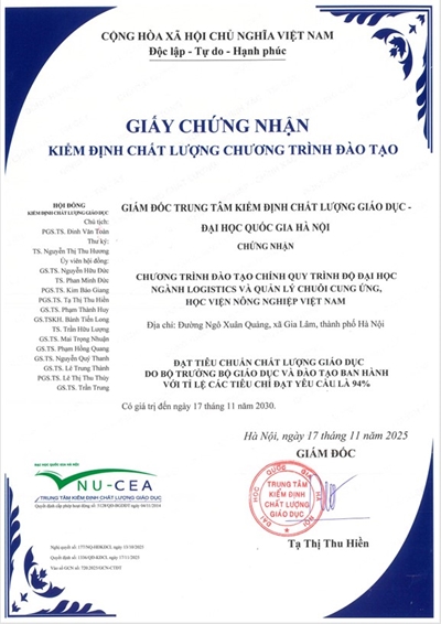 Chương trình đạo tạo chính quy trình độ Đại học ngành Logistics và Quản lý chuỗi cung ứng đạt tiêu chuẩn chất lượng giáo dục