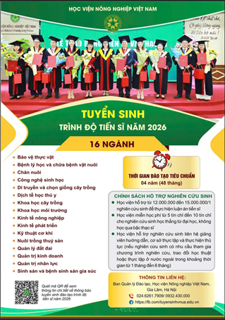 Học viện Nông nghiệp Việt Nam thông báo tuyển sinh đào tạo trình độ Tiến sĩ năm 2026