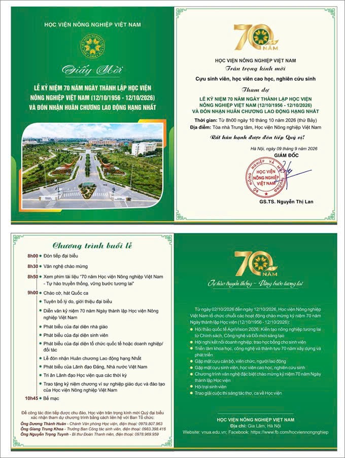 Thư mời cựu sinh viên, học viên, nghiên cứu sinh về dự Lễ Kỷ niệm 70 năm ngày thành lập Học viện