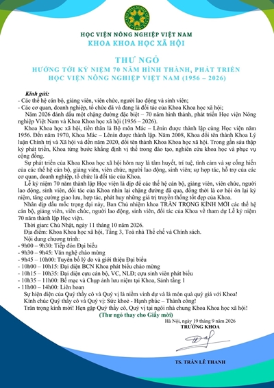 THƯ NGỎ HƯỚNG TỚI KỶ NIỆM 70 NĂM HÌNH THÀNH, PHÁT TRIỂN 
HỌC VIỆN NÔNG NGHIỆP VIỆT NAM VÀ KHOA KHOA HỌC XÃ HỘI 1956 – 2026
